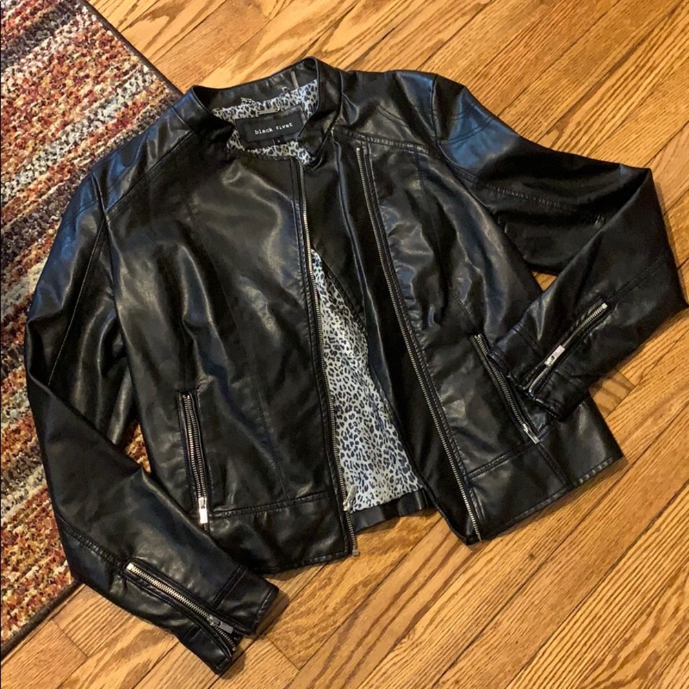 Black Rivet Black Faux Leather Moto Jacket with Leopard Lining